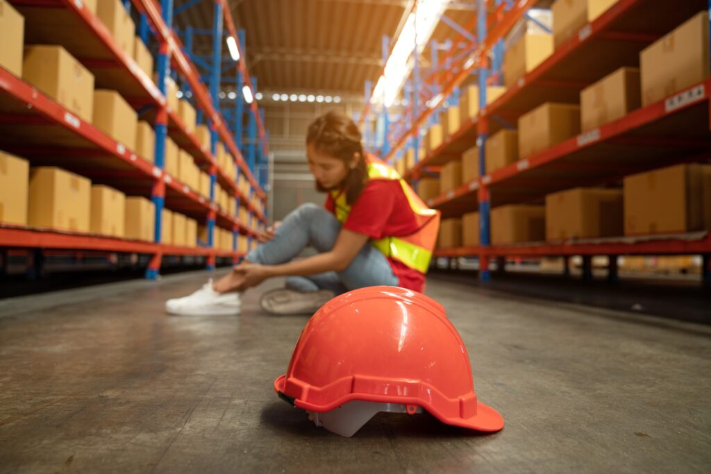 Asian women staff suffering after working injury in warehouse, Injury at work.